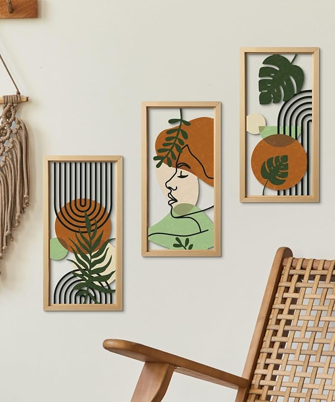 Putuo Decor Set of 3 Boho Wall Decor with Woman Face, Abstract Wall Art Botanical Cut-Out MDF Panels, Mid-Century Modern Aesthetic Artwork for Bedroom Living Room Office
