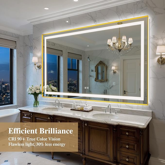 72X40 Inch LED Bathroom Mirror with Lights, Gold Frame Frontlit+ Backlit Bathroom Vanity Mirror for Wall, Ultra-Clear Tempered Glass, Shatter-Proof, Anti-Fog and Memory Function, ETL Listed