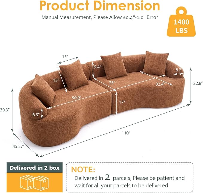 KEIKI Curved Chenille Modular Sectional Couches with Pillows, 4 Seater Oversized Upholstered Luxury Plush Cloud Sofa for Living Room Apartment, Caramel