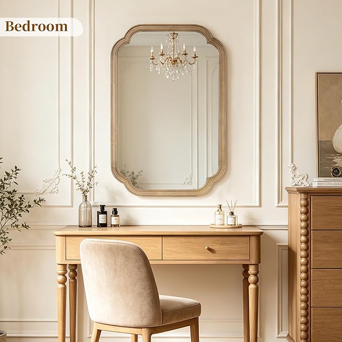 HOMECOOKIN Wood Bathroom Mirror for Wall Decor Arched Rounded Corner Rustic Wood Frame Wall Mirror Home Decorative for Vanity, Living Room, Bedroom, Entryway (20 x 30 inch, Honey A)