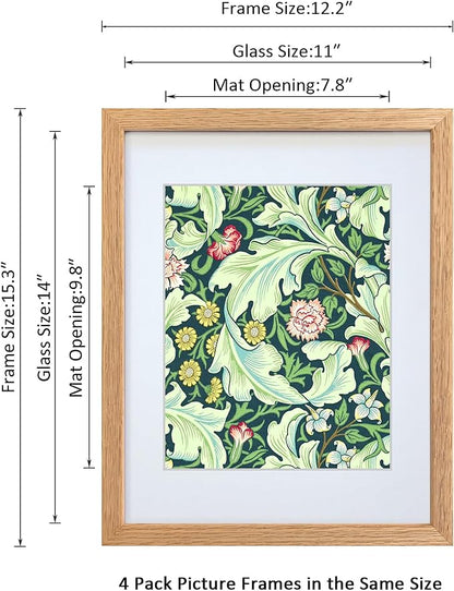 11x14 Picture Frame Set of 4 OAK Solid Wood with Real Glass for Pictures 8x10 with Mat or 11x14 Without Mat, Wall Mount or Tabletop Gallery Photo Frames(4 Pack, Oak)