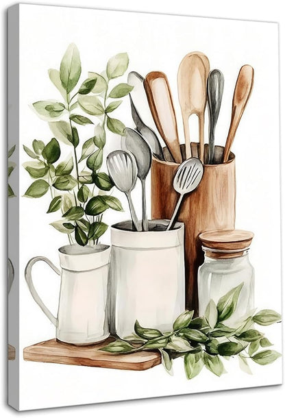 Dazzlewall Framed Watercolor Botanical Kitchen Wall Art Decor,Sage Green Eucalyptus Leaves and Kitchenware Wall Poster For Kitchen Dining Room Decor 12x16 in