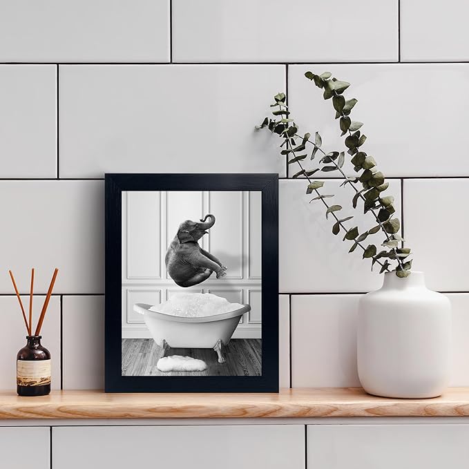 calmart Funny Elephant Wall Art - Washing Elephant In Bathtub Pictures for Wall Animal Paintings Please Seat Yourself Sign Framed Artwork Rustic Canvas Print Decor