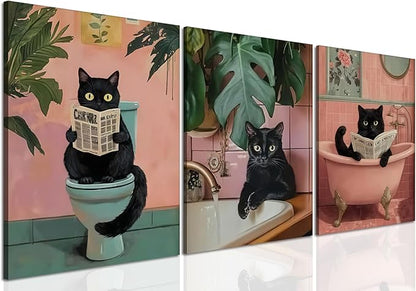 Funny Pink Bathroom Cat Wall Art Painting Set of 3 Maximalist Cute Black Cat Bathroom Wall Decor, Eclectic Animal Restroom Poster Canvas Prints Pictures 12x16 inch Framed