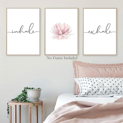 Pennclys Inhale Exhale Wall Art Zen Canvas Decor Yoga Lotus Wall Art Calming Meditation Artwork Pink Yoga Poster Zen Pictures Painting for Living Room Bedroom 12x16 Inch Unframed Set of 3