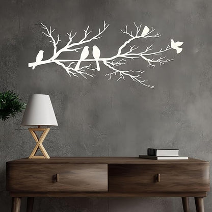 ESTART Metal Birds Wall Art, Metal Vivid Birds on Branch Silhouette Wall Decor White Leaves with Bird Outdoor Hanging Wall Sculpture for Home Living room Bedroom Balcony Garden (White, Small)