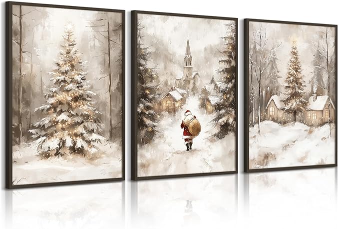 Christmas Wall Art Decor Winter Santa Pictures Vintage Christmas Canvas Poster Snowy Pine Trees Wall Art Xmas Forest Prints Santa Claus Painting Artwork for Bedroom Living Room 16x24x3 Inch Unframed