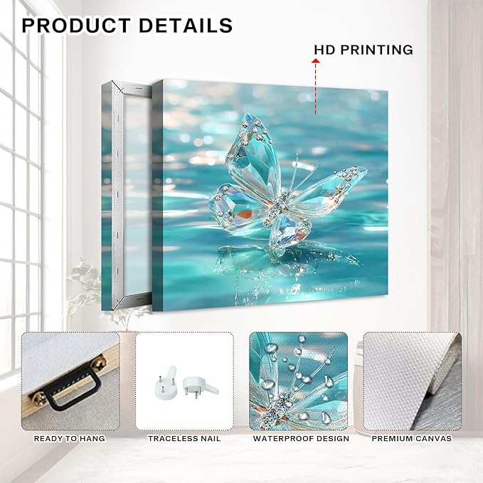 4 Piece Butterfly Wall Art Turquoise Pictures for Bedroom Decor Crystal Butterflies Wall Decor Teal Blue Butterfly Posters Prints Water Scenery Paintings Artwork Living Room Home Decorations 12x12”