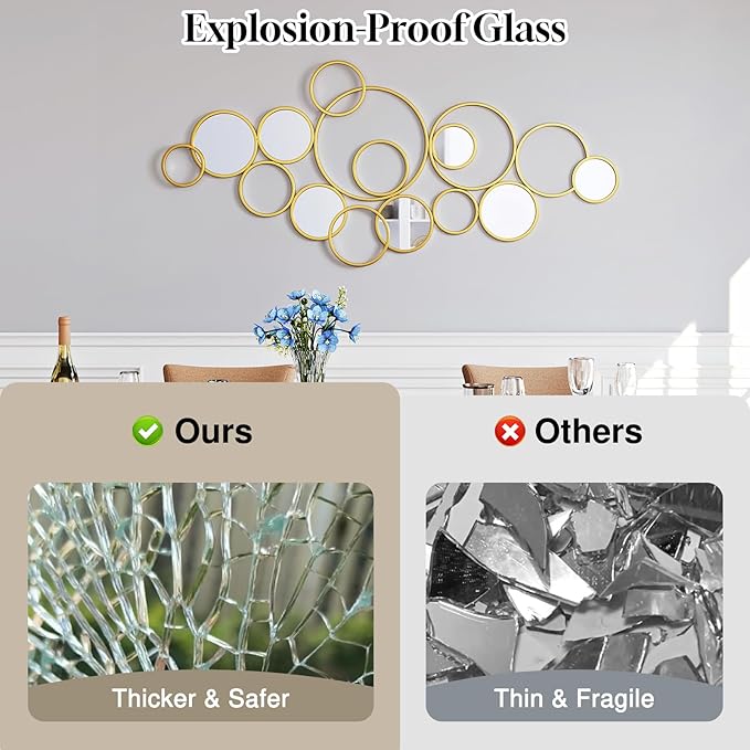 PERHOM Multiple Circles Wall Mirror - 58"x27" Large Gold Modern Decorative Mirror for Home Decor - Thick Metal Framed Split Wall Art Sculptures for Living Room, Entryway, Bedroom, Dinner Room