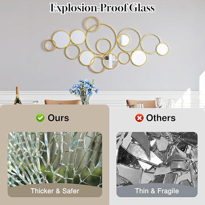 PERHOM Multiple Circles Wall Mirror - 58"x27" Large Gold Modern Decorative Mirror for Home Decor - Thick Metal Framed Split Wall Art Sculptures for Living Room, Entryway, Bedroom, Dinner Room