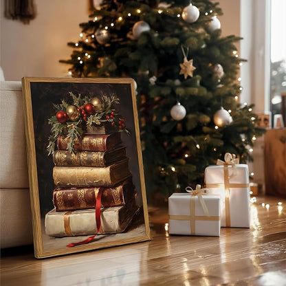 Framed Vintage Christmas Canvas Wall Art, Rustic Xmas Book Artwork Wall Decor Paintings, Retro Winter Holiday Pictures Prints Dark Academia Home Decor for Living Room Bedroom Libiary 16×24 inch