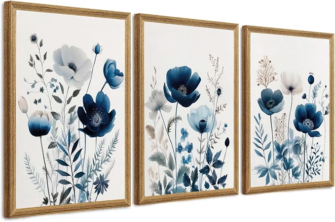 DUWQU 3 Pieces Blue Floral Canvas Wall Art, Wood Framed Navy Blue Wildflower Lily Daisy Wall Decor, Watercolor Botanical Flower Home Poster Art Prints for Living Room Bedroom Bathroom 20×30 Inches