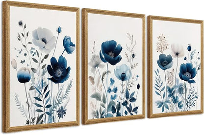 DUWQU 3 Pieces Blue Floral Canvas Wall Art, Wood Framed Navy Blue Wildflower Lily Daisy Wall Decor, Watercolor Botanical Flower Home Poster Art Prints for Living Room Bedroom Bathroom 20×30 Inches