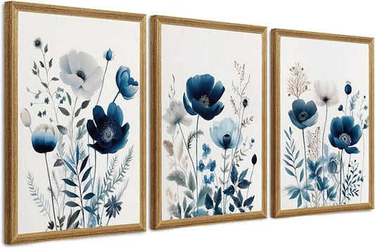 DUWQU 3 Pieces Blue Floral Canvas Wall Art, Wood Framed Navy Blue Wildflower Lily Daisy Wall Decor, Watercolor Botanical Flower Home Poster Art Prints for Living Room Bedroom Bathroom 20×30 Inches