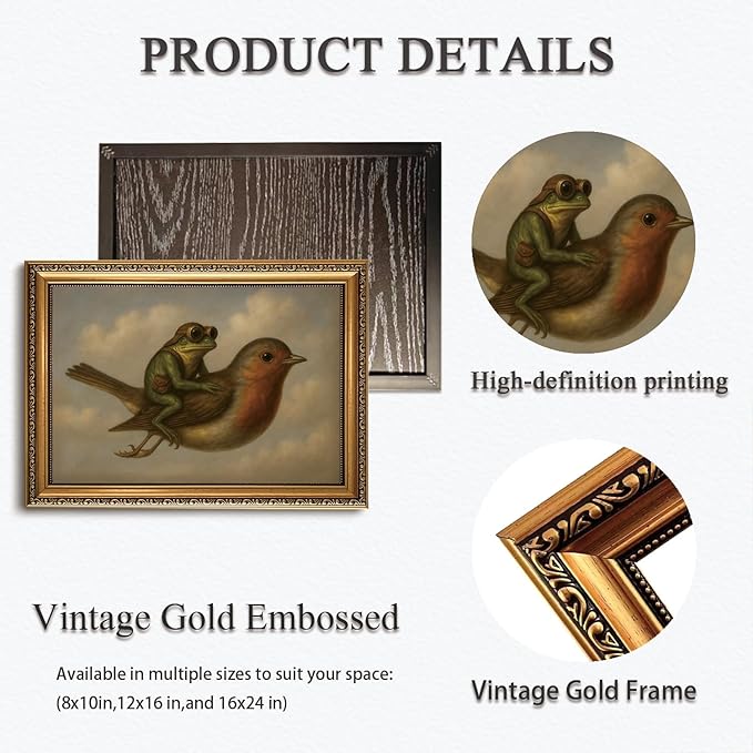 WZGZXU Gold Framed Wall Art Vintage Pictures Wall Decor Frog Riding Bird Canvas Art Funny Paintings Animal Prints Antique Artwork For Living Room Bedroom 12x16in