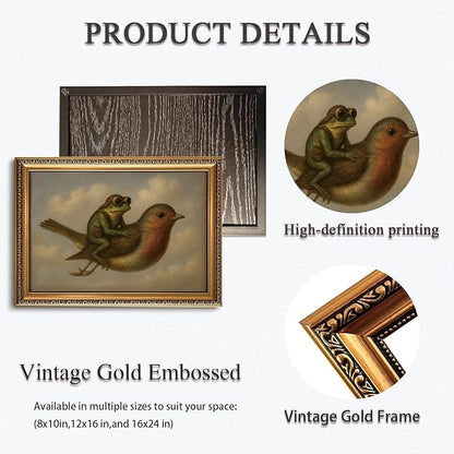 WZGZXU Gold Framed Wall Art Vintage Pictures Wall Decor Frog Riding Bird Canvas Art Funny Paintings Animal Prints Antique Artwork For Living Room Bedroom 12x16in
