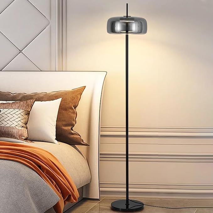MIXL-Smoky Grey Floor Lamp with Glass Shade,Dimmable Floor Reading Lamp,Mid Century Modern Standing Lamp for Bedroom Living Room and Office