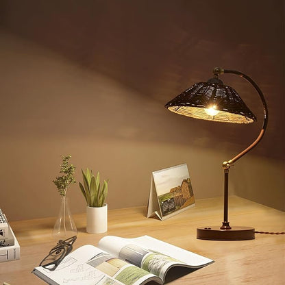 Woven Rattan Table Lamp, Boho Handmade Rattan Shade, Anti-Rust Iron Base Vintage Dark Brown Plug in Desk Lamp, Plug & Play Bedside Nightstand Lamp for Bedroom Living Room Home Office, Bulb Included