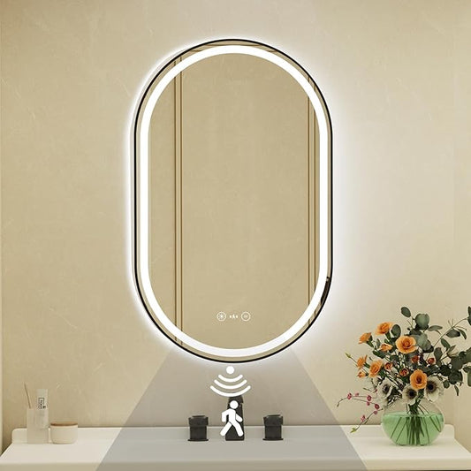 22x36 Inch Oval Black Framed LED Bathroom Mirror with Lights,Smart Bathroom Mirror,Motion Sensor,Tempered Glass,Anti-Fog,Stepless Dimmable & 3 Colors,Memory,Vanity Mirror for Wall
