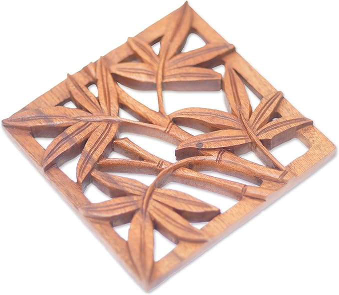 NOVICA Leaf and Tree Wood Relief Panel Wall Sculpture, Brown, Bamboo Copse'