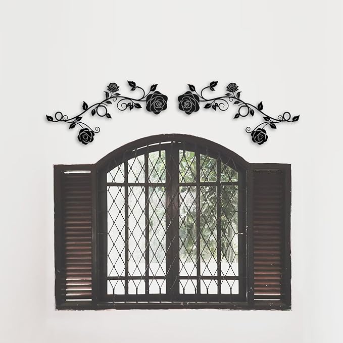 Pinetree Art 2 Pieces Metal Flower Wall Art Modern Vintage Rose Floral Branch Wall Decor for Living Room Hallway Bathroom (Black)