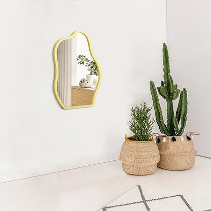 Asymmetrical Wooden Framed Wall Mirror Irregular Mirror for Wall Decor Modern Unique Shape Vanity Artistic Cloud Mirrors Decorative for Living Room Bedroom Bathroom Entryway Yellow