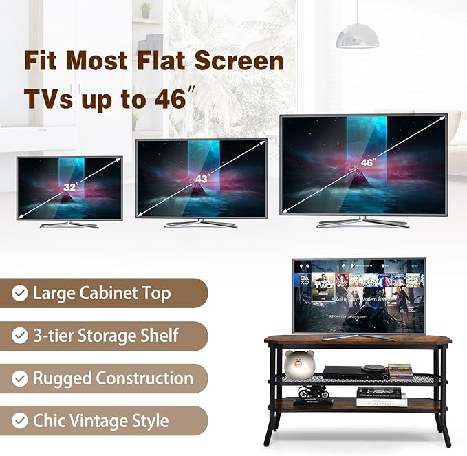 GOFLAME Industrial TV Stand for TVs up to 46", 3-Tier Wood TV Cabinet with Steel Frame, Rustic Entryway Console Table, Media Entertainment Center for Living Room, Bedroom, Rustic Brown & Black