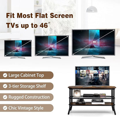 GOFLAME Industrial TV Stand for TVs up to 46", 3-Tier Wood TV Cabinet with Steel Frame, Rustic Entryway Console Table, Media Entertainment Center for Living Room, Bedroom, Rustic Brown & Black