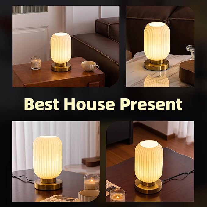 Bedside Table Lamp with Glass Shade, Small Nightlight Lamp Elegant Milky White Glass Nightstand Lamp Modern Desk Lamp with Plug-in Style for Bedroom Living Room Tabletop Dia5.9 x H9.8
