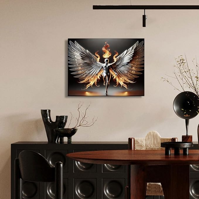 3D Metal Angel Wall Art Mural Futurism Poster Cybernetics Wing Warriors Canvas Printed Images Science Fiction Robot Artwork with Wings of Fire Modern Fantasy Gallery Decoration, Living Room Bedroom Office Manhole 16x24 inches