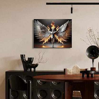 3D Metal Angel Wall Art Mural Futurism Poster Cybernetics Wing Warriors Canvas Printed Images Science Fiction Robot Artwork with Wings of Fire Modern Fantasy Gallery Decoration, Living Room Bedroom Office Manhole 16x24 inches