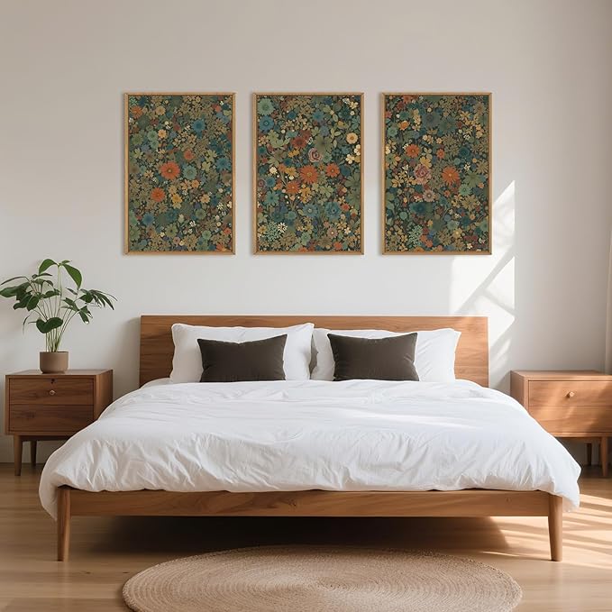 Vintage Floral Boho Framed Canvas Wall Art Set,Colorful Botanical Retro Blossom Flower Wall Decor,Modern Nature Calming Wildflowers Art Print for Living Room,Bedroom, Office-16 x24 x3