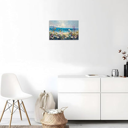 TutuBeer 1 Pcs Boho Beach Coastal Vintage Floral Wall Picture Rustic Wildflower Field Vintage Wall Art Canvas Prints Daisy Flowers Sea Canvas Print Farmhouse Wall Art for Home Wall Decor 20x30inch