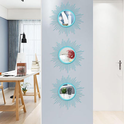 3 Pack Metal Mirrors for Wall Sunburst Wall Mirrors Home Décor Decorative Hanging Wall Art for Living Room Bedroom Entryway (Greenish Blue, Sunburst)
