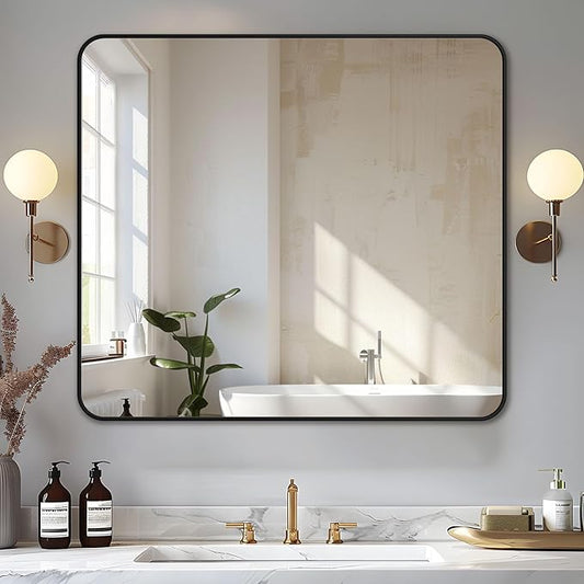 Antok Bathroom Mirror, 40"x36" Wall Mirror, Decorative Mirrors Vanity Mirror Aluminum Alloy Frame Contemporary Rectangular Hanging Mirror for Living Room Bathroom Entryway,Black,Round Corner