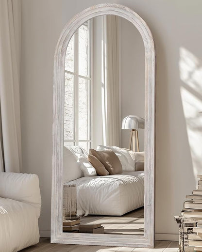 Full Length Mirror, 71"x32" Wooden Mirror Full Length with Stand Wood Floor Mirror, Oversized Stand Up Mirrors Large Wall Mirrors, Wall Mounted Mirrors, Arched Wood Style, White