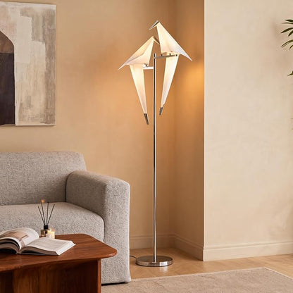 68 Inch Modern Bird Floor Lamp, Sliver Bird Swing Floor Light Fixtures for Bedroom, Unique LED Origami Crane Swing Standing Floor Lamp for Living Room