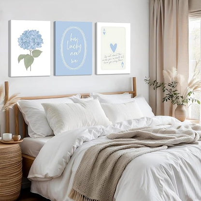 Cshylven Hydrangea Wall Art Set of 3, Blue Floral Canvas Prints, Inspirational Quote Modern Minimalist Botanical Wall Decor, Preppy Baby Blue Aesthetic Pictures for Bedroom Bathroom Dorm 24x16 Framed