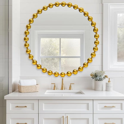 Round Gold Mirror 30'', Beaded Mirror for Wall Decor Large Circle Mirror for Bathroom, Dining Roon, Bed Room, Entryway