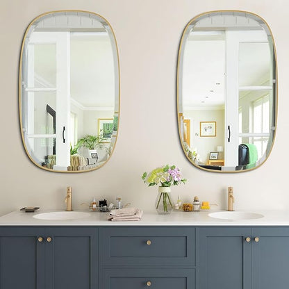 POZINO Brushed Gold Beveled Mirror, 24"x40" Modern Rectangle Mirrors with Stainless Steel Frame, Brass Oblong Vanity Wall Mirror for Bathroom Living Room Entryway, Hangs Vertically or Horizontally