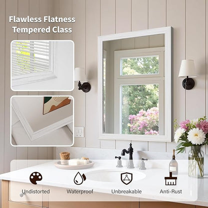 White Grey Wood Effect Framed Wall Mirror, 22x30 Rectangle Mirror, Anti-desilvering Tempered Glass, Sturdy Frame, Farmhouse Mirror, Anti-Rust, 3min Fast Setup for Bathroom Living Room