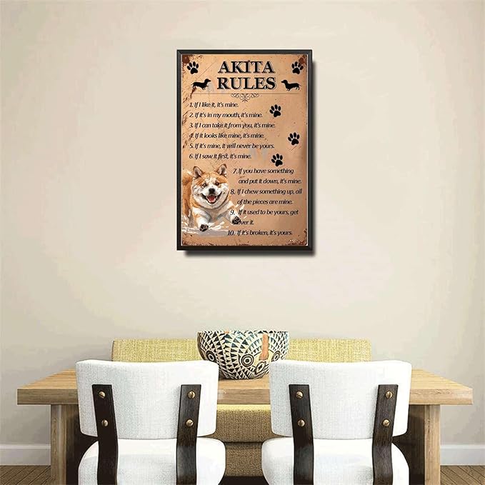 Metal Sign Tin Sign Vintage Wall Art Akita Rules Wall Art for Restaurant 6×8 Inches with Metal Frame