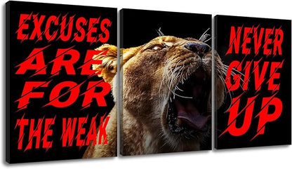 Inspirational Quotes Excuses Are for the Weak Motivational Wall Art Never Give up Poster Painting 3 Pieces Canvas Print Framed for Office Decoration Ready to Hang [36''W X 16''H]
