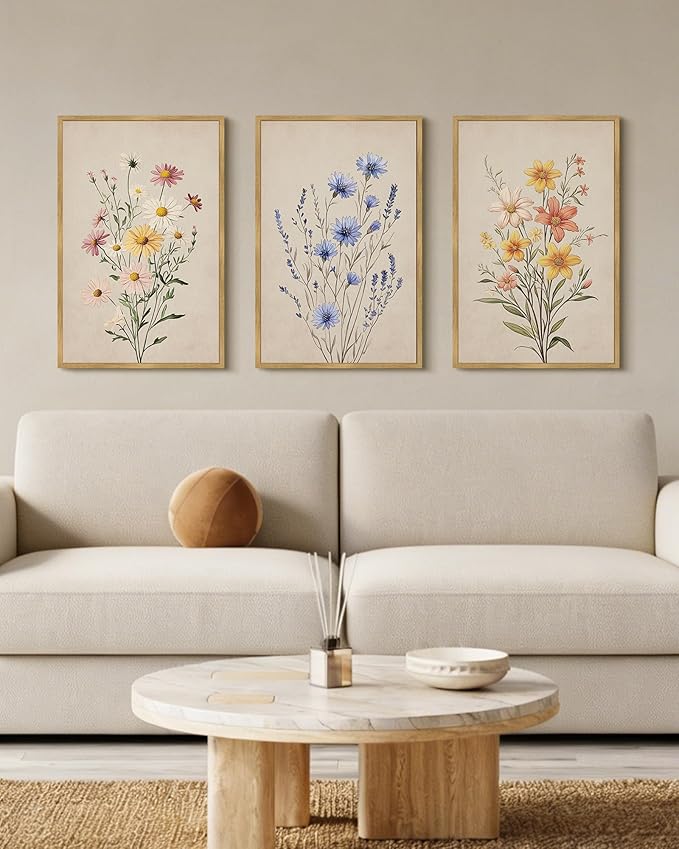 Drsoum Vintage Flower Bouquet Wall Art Framed Retro Bohemian Boho Colorful Floral Plant Rustic Artwork Nature Botanical Wildflower Prints Bedroom Living Room Ready to Hang 16x24in Natural Framed