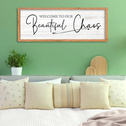 AuraPeak Welcome To Our Beautiful Chaos Sign Home Living Room Wall Decor Modern Family Rustic Farmhouse House Entryway Bedroom Hanging Horizontal Plaque Wall Art (Wood 40"×15")