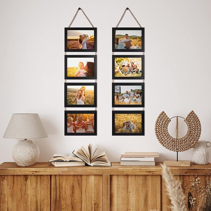 Lavezee 5x7 Hanging Collage Picture Frames Set of 2, Black 8 Opening Horizontal Frame Made to Display 5 x 7 Inch Photo for Wall Decor