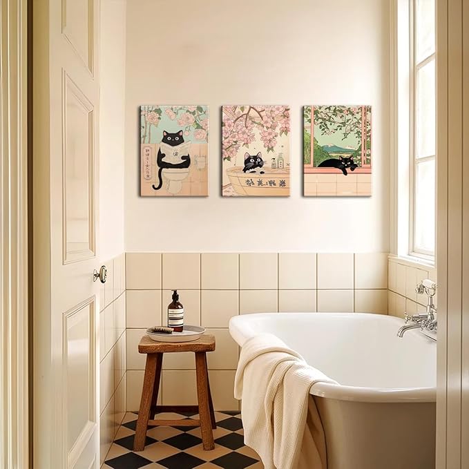 Japanese Bathroom Wall Art Set of 3, Cute Black Cat Bathtub Wall Decor, Funny Animal Reading Newspaper Canvas Prints for Bathroom Bedroom Laundry Room 16x24 inch Framed