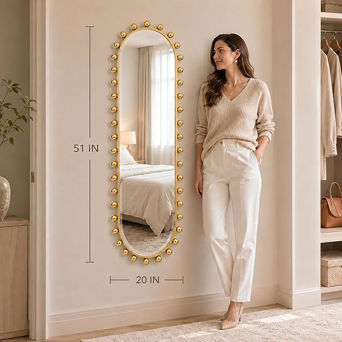 Oval Full-Length Wall Mounted Mirror 20" x 51", Antique Gold Beaded Beveled Mirror with Ball Frame, Vertical & Horizontal Hanging Wall Mirror for Bathroom, Bedroom, Dressing Room, Entryway