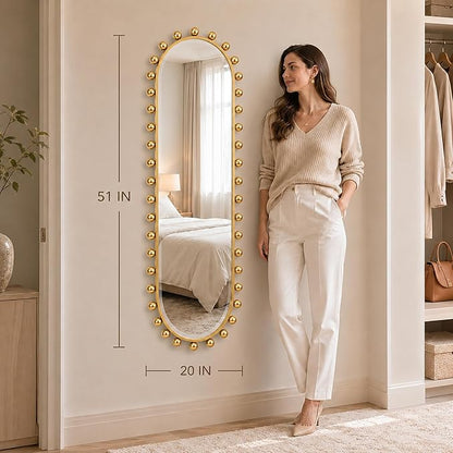 Oval Full-Length Wall Mounted Mirror 20" x 51", Antique Gold Beaded Beveled Mirror with Ball Frame, Vertical & Horizontal Hanging Wall Mirror for Bathroom, Bedroom, Dressing Room, Entryway
