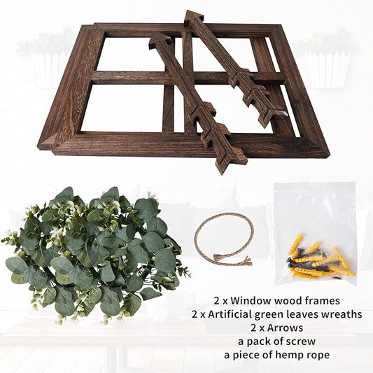 Rustic Wood Window Frame with Green Wreath and Arrows Wall Decor，Farmhouse Window Frame Hanging Decor,Wooden Fake Decoration,Window Pane Wall Decor,Set of 2 (Brown)